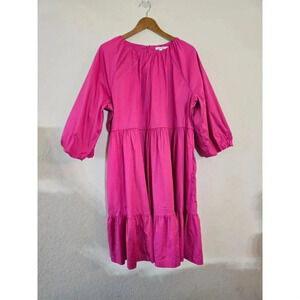 Chico's Size 3 Hot Pink Poplin Dress 3/4 Sleeve  Round Neck Zipper Back Women's